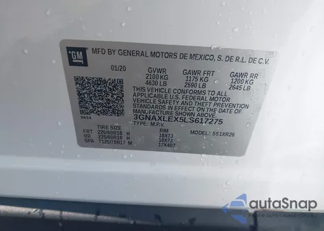 2020 Chevrolet Equinox Fwd Lt 2.0L Turbo from USA, damaged, VIN 3GNAXLEX5LS617275